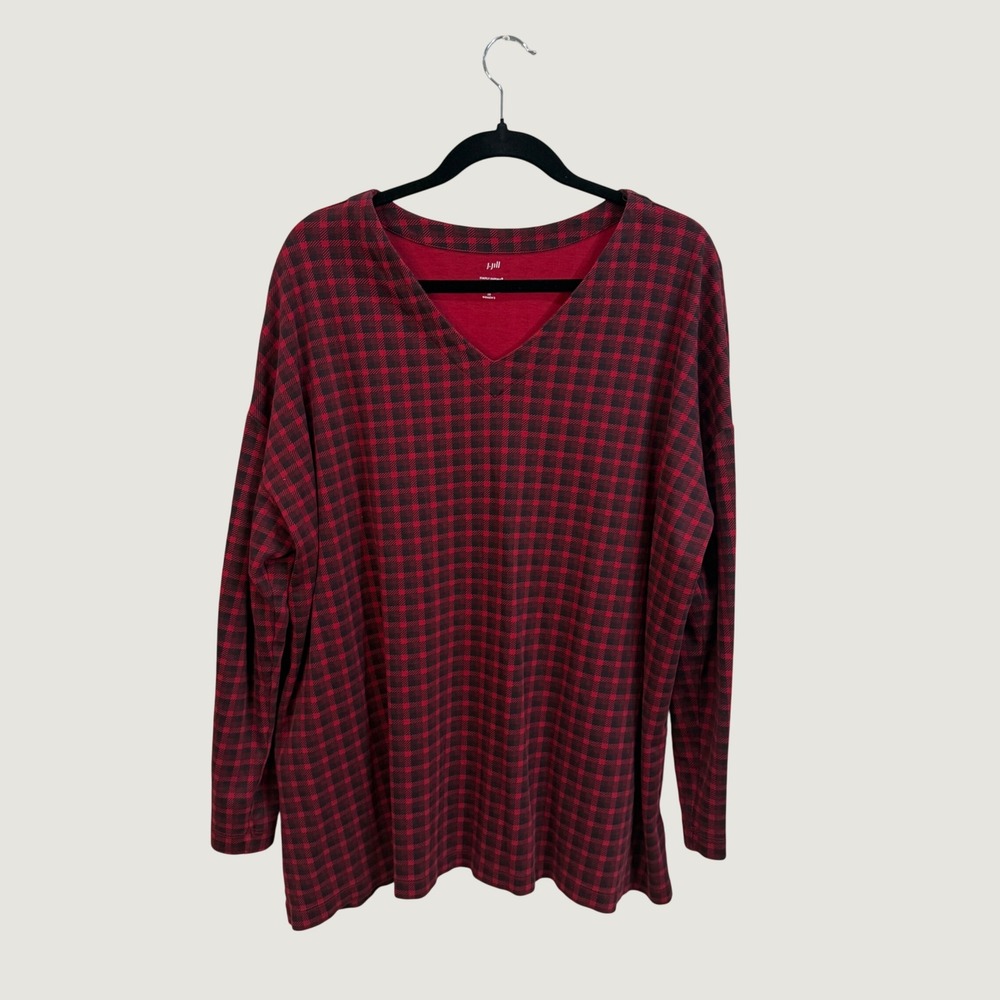 J. Jill Simply 100% Supima V-Neck Tunic Red Black Buffalo Plaid Fall Winter 2X